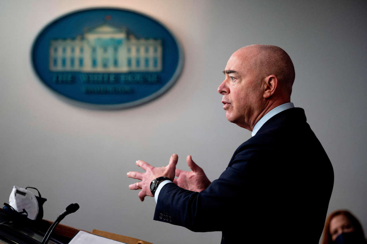 Secretary of Homeland Security Alejandro Mayorkas speaks during the daily press briefing at the White House in Washington, D.C., on March 1, 2021.