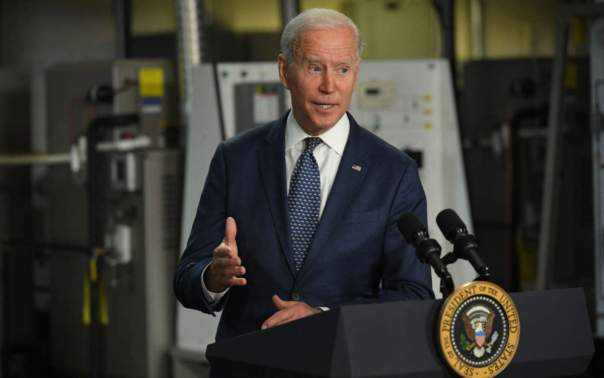 President Joe Biden speaks following a tour of Tidewater Community College in Norfolk, Virginia, on May 3, 2021.