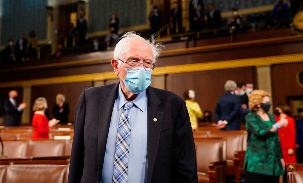 Sen. Bernie Sanders arrives before President Joe Biden addresses a joint session of Congress in the House chamber of the U.S. Capitol on April 28, 2021, in Washington, D.C.