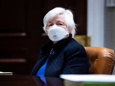 Treasury Secretary Janet Yellen listens during a meeting with President Joe Biden in the Roosevelt Room of the White House, March 5, 2021, in Washington, D.C.