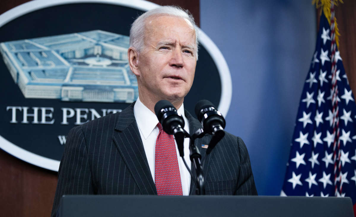 President Joe Biden speaks during a visit to the Pentagon in Washington, D.C, February 10, 2021.