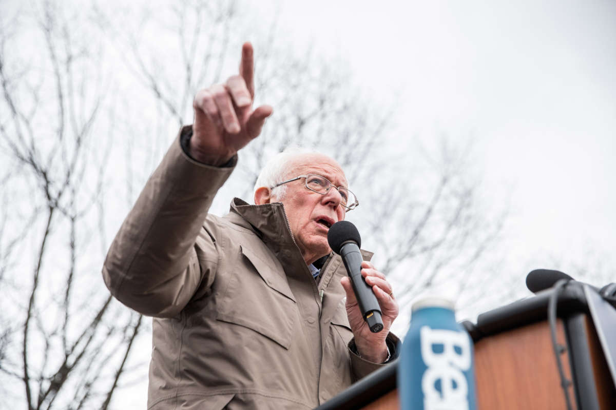 Sen. Bernie Sanders speaks to thousands during a campaign rally on the Boston Common on February 29, 2020, in Boston, Massachusetts.