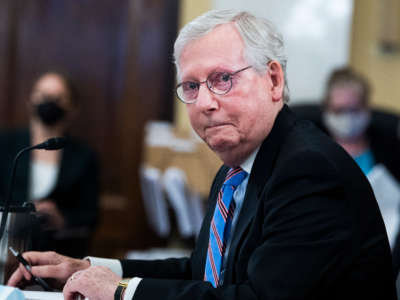 Senate Minority Leader Mitch McConnell testifies during the Senate Rules and Administration Committee markup of the For the People Act in Russell Building on May 11, 2021.