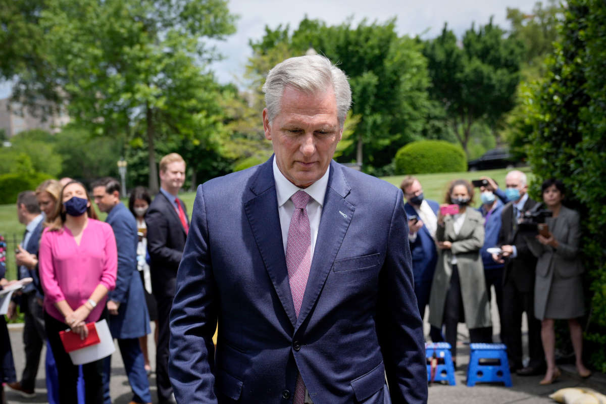 House Minority Leader Kevin McCarthy departs after speaking with reporters outside the White House after his Oval Office meeting with President Joe Biden on May 12, 2021, in Washington, D.C.