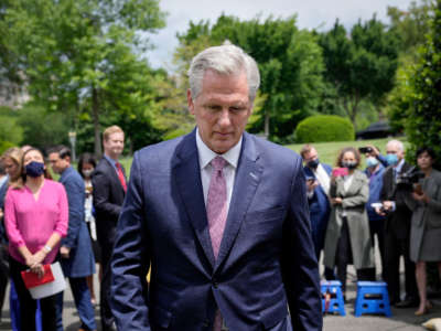 House Minority Leader Kevin McCarthy departs after speaking with reporters outside the White House after his Oval Office meeting with President Joe Biden on May 12, 2021, in Washington, D.C.