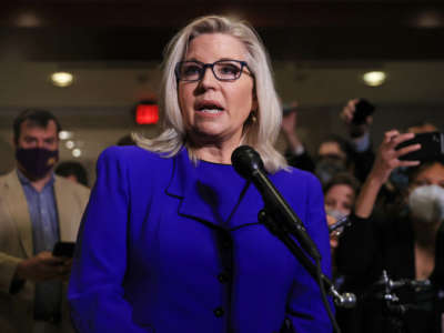 Rep. Liz Cheney talks to reporters after House Republicans voted to remove her as conference chair in the U.S. Capitol Visitors Center on May 12, 2021, in Washington, D.C.