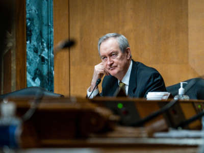 Sen. Mike Crapo listens as Katherine C. Tai, U.S. Trade Representative, testifies during a Senate Finance Committee hearing on May 12, 2021, in Washington, D.C.