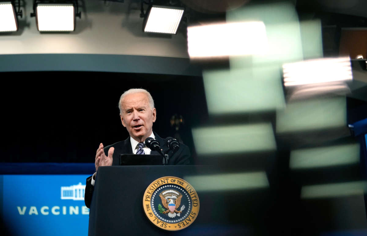 President Joe Biden delivers remarks on the COVID-19 response and the ongoing vaccination program at the Eisenhower Executive Office Building on May 12, 2021, in Washington, D.C.