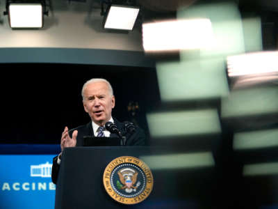 President Joe Biden delivers remarks on the COVID-19 response and the ongoing vaccination program at the Eisenhower Executive Office Building on May 12, 2021, in Washington, D.C.
