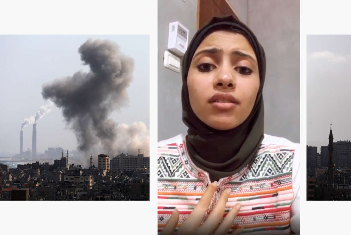 Noor Alshaer pictured with Gaza skyline smoking from airstrike