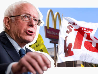 Sen. Bernie Sanders pictured with McDonald's and a flag for Fight for $15
