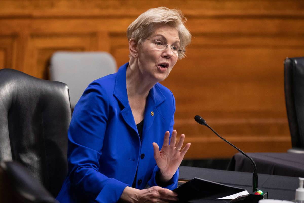 Sen. Elizabeth Warren speaks during a confirmation hearing before the Senate Finance Committee on Capitol Hill on February 24, 2021, in Washington, D.C.