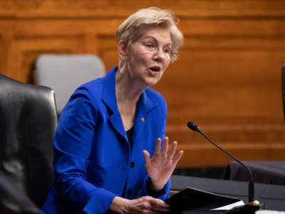 Sen. Elizabeth Warren speaks during a confirmation hearing before the Senate Finance Committee on Capitol Hill on February 24, 2021, in Washington, D.C.