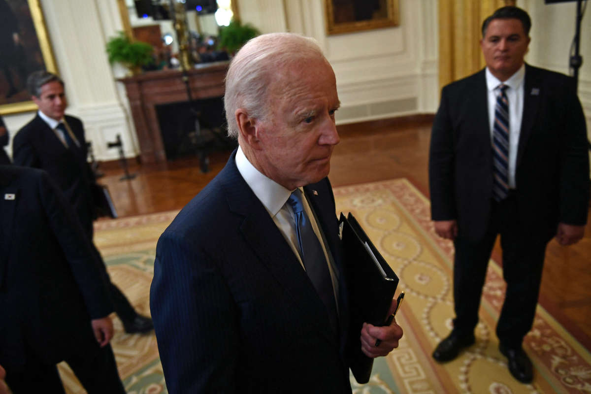 President Joe Biden departs after holding a press conference in the East Room of the White House in Washington, D.C., on May 21, 2021.