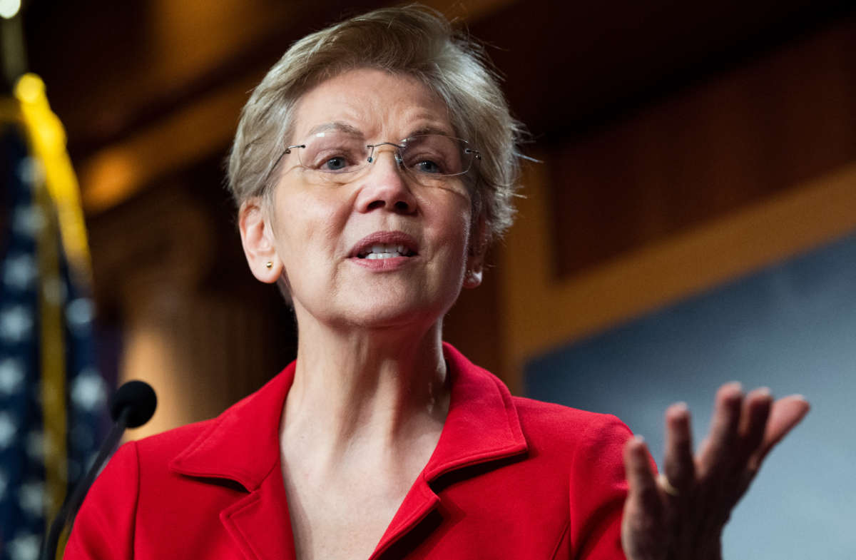 Sen. Elizabeth Warren conducts a news conference in the Capitol on March 1, 2021.