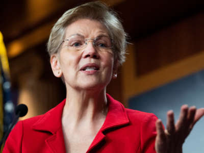 Sen. Elizabeth Warren conducts a news conference in the Capitol on March 1, 2021.