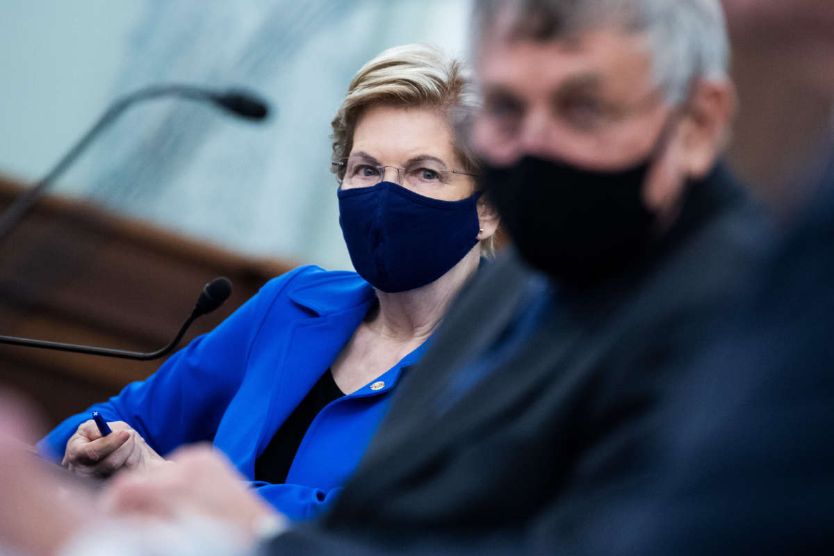 Sen. Elizabeth Warren looks on during a confirmation hearing in the Russell Building on April 29, 2021.