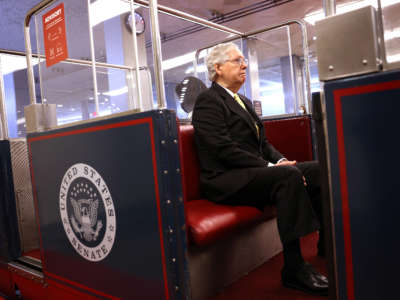 Senate Minority Leader Mitch McConnell makes his way to a Senate Republican Policy luncheon at the U.S. Capitol on May 18, 2021, in Washington, D.C.