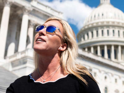 Rep. Marjorie Taylor Greene speaks to reporters as she leaves the Capitol on May 14, 2021.