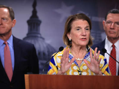 Sen. Shelley Moore Capito, lead Republican negotiator with the Biden administration on infrastructure, speaks during a news conference with Sen. Pat Toomey, left, and Sen. John Barrasso at the U.S. Capitol on May 27, 2021, in Washington, D.C.