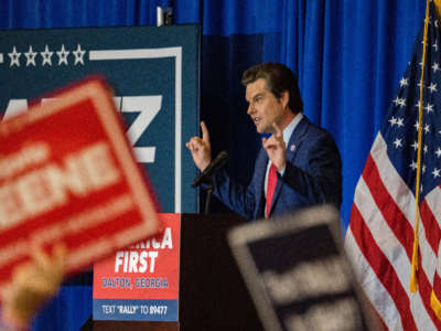 Rep. Matt Gaetz speaks at an America First Rally also attended by Rep. Marjorie Taylor Greene on May 27, 2021, in Dalton, Georgia.