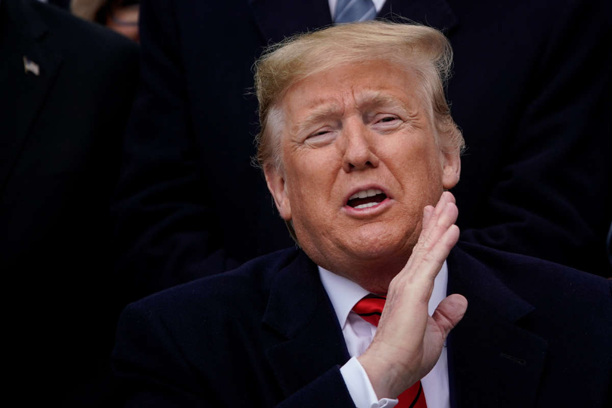 Then-President Donald Trump gestures during a ceremony on the South Lawn of the White House on January 29, 2020, in Washington, D.C.