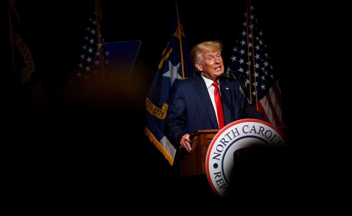 Former President Donald Trump addresses the NCGOP State Convention on June 5, 2021, in Greenville, North Carolina.