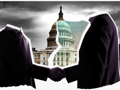 Collage of lobbyists shaking hands in front of torn Capitol Building