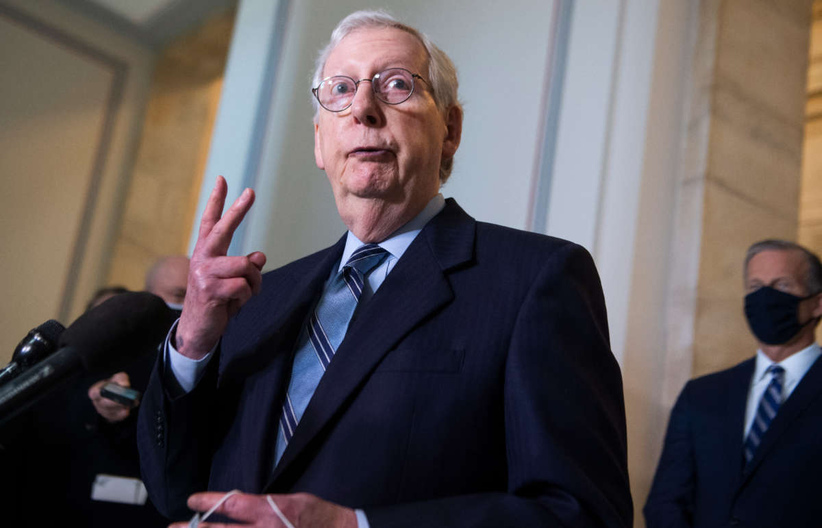 Senate Minority Leader Mitch McConnell conducts a news conference after the Senate Republican Policy luncheon in Russell Building on April 20, 2021.