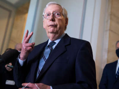 Senate Minority Leader Mitch McConnell conducts a news conference after the Senate Republican Policy luncheon in Russell Building on April 20, 2021.