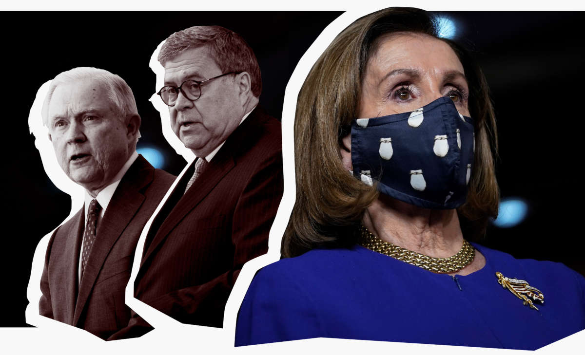 Jeff Sessions, William Barr, and Speaker of the House Nancy Pelosi