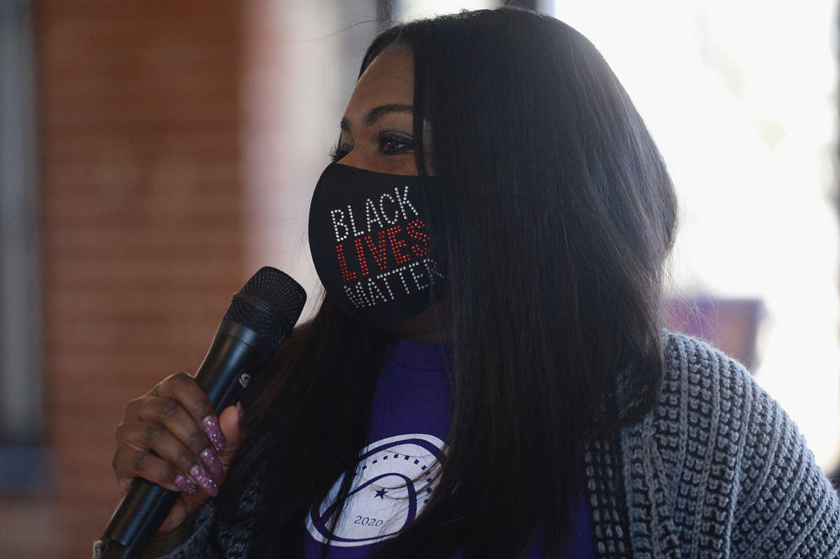 Cori Bush speaks during a canvassing event on November 1, 2020, in St. Louis, Missouri.