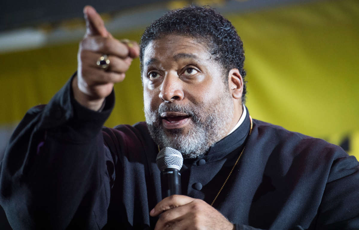 Rev. Dr. William J. Barber II is seen during the Poor Peoples Moral Action Congress forum for presidential candidates at Trinity Washington University on June 17, 2019.