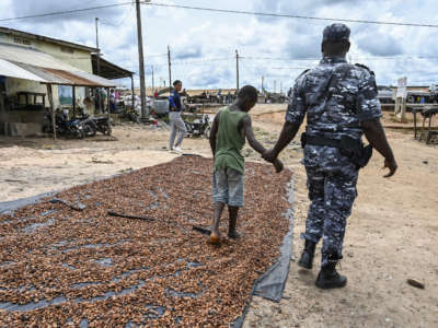 A police officer detains a child found drying cocoa in the village of Opouyo in the Soubre region of the Ivory Coast during an operation to remove children working on cocoa plantations.