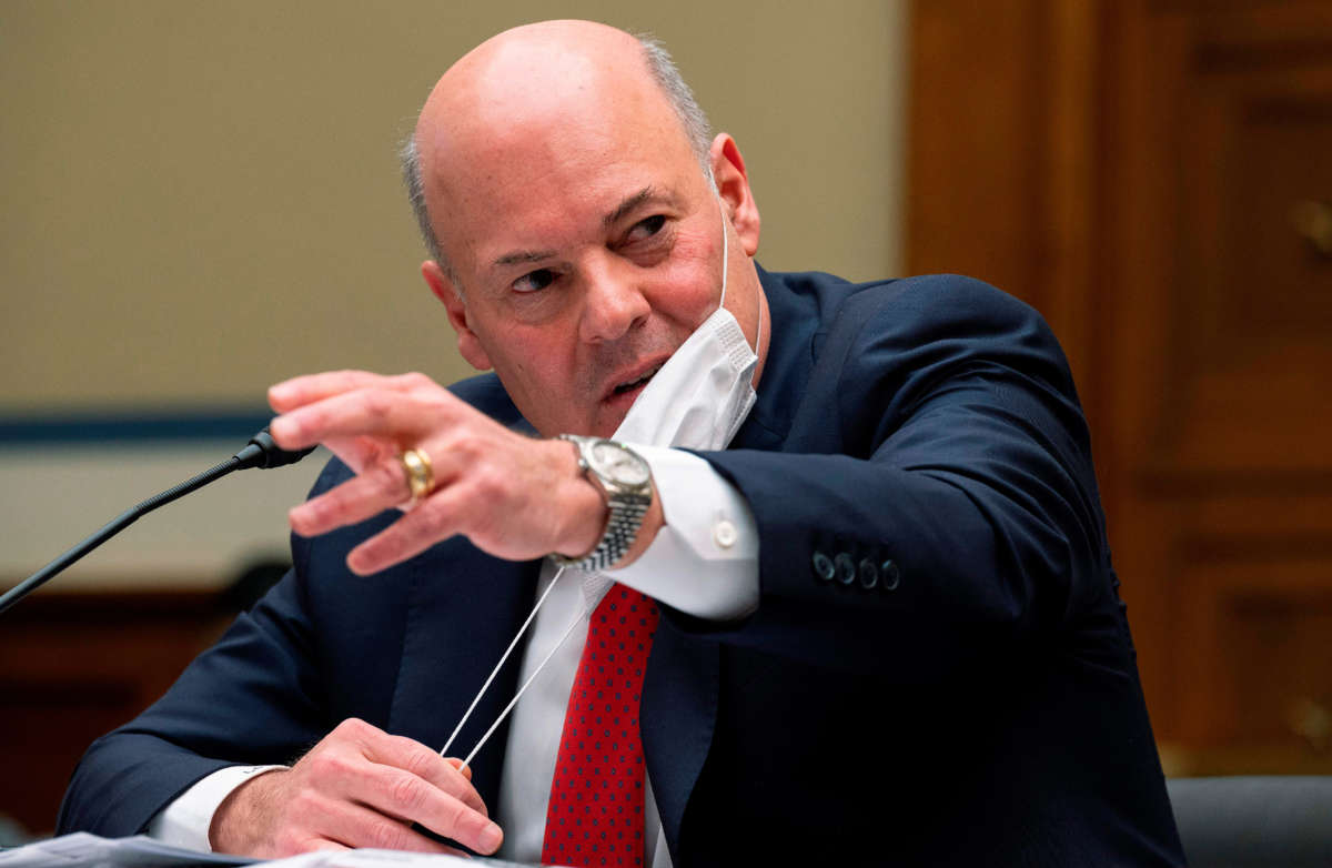 Postmaster General Louis DeJoy speaks to reporters at the U.S. Capitol on May 28, 2021, in Washington, D.C.