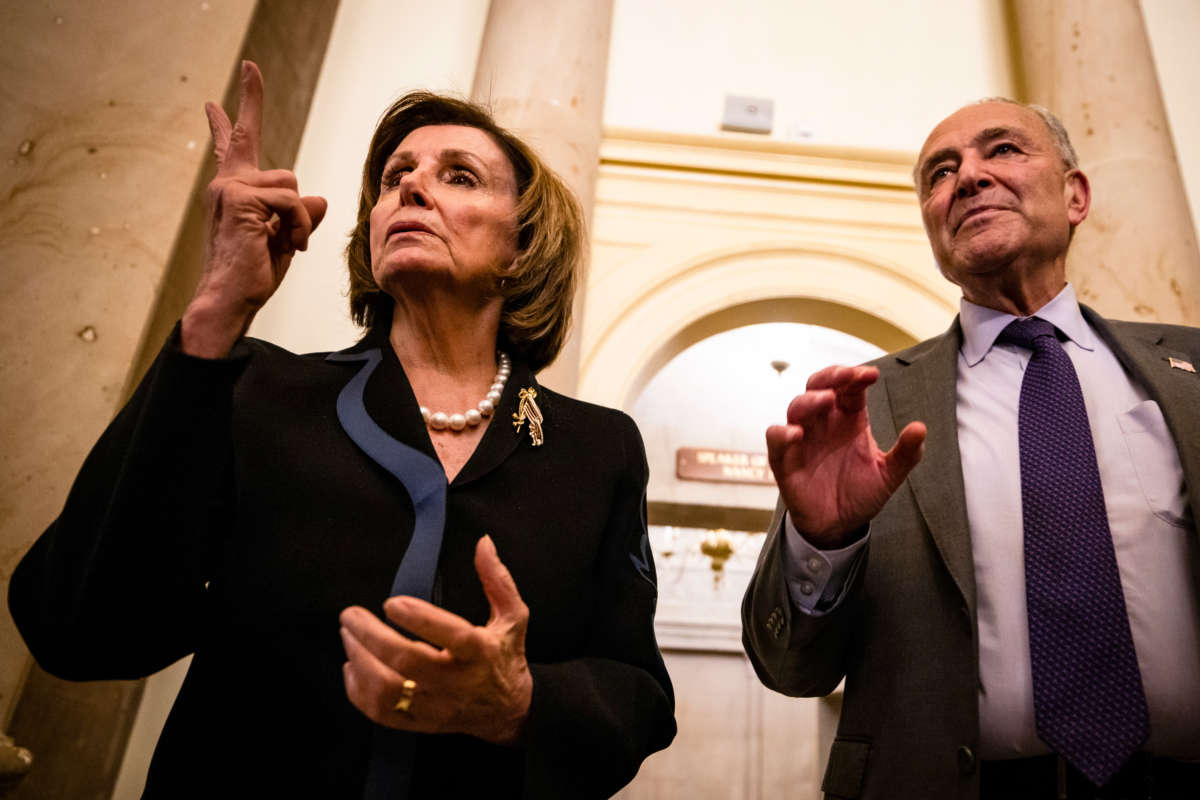 Speaker of the House Nancy Pelosi and Senate Majority Leader Chuck Schumer talk to reporters at the U.S. Capitol on June 23, 2021, in Washington, D.C.