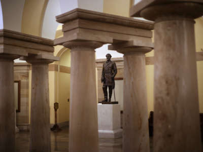 A statue of Robert E. Lee, commander of the Confederate States Army during the Civil War, is on display in the Crypt of the U.S. Capitol on June 18, 2020, in Washington, D.C.