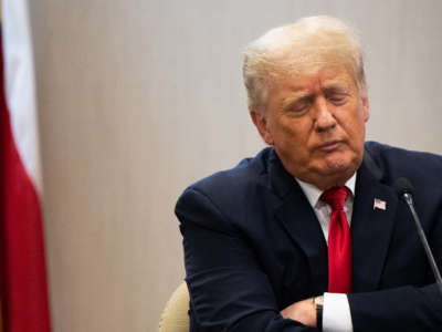 Former President Donald Trump listens during a border security briefing on June 30, 2021, in Weslaco, Texas.