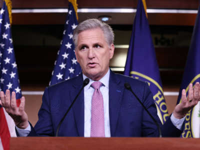 House Minority Leader Kevin McCarthy answers questions during his weekly news conference at the U.S. Capitol on June 25, 2021, in Washington, D.C.