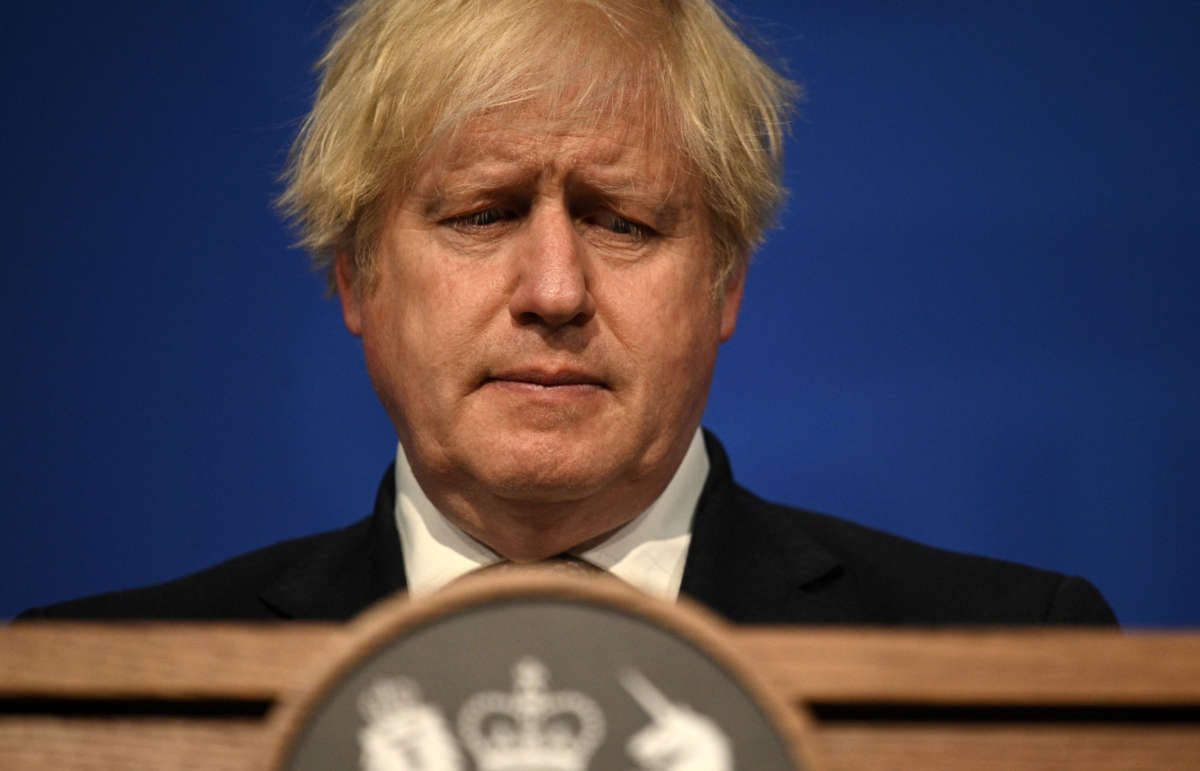 Britain's Prime Minister Boris Johnson gives an update on relaxing restrictions imposed on the country during the COVID-19 pandemic at a virtual press conference inside the Downing Street Briefing Room in central London on July 5, 2021.