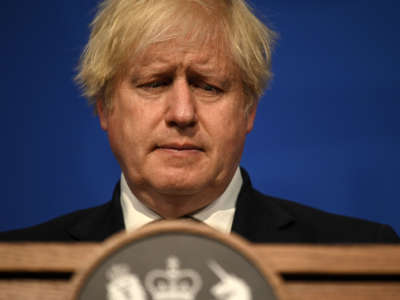 Britain's Prime Minister Boris Johnson gives an update on relaxing restrictions imposed on the country during the COVID-19 pandemic at a virtual press conference inside the Downing Street Briefing Room in central London on July 5, 2021.