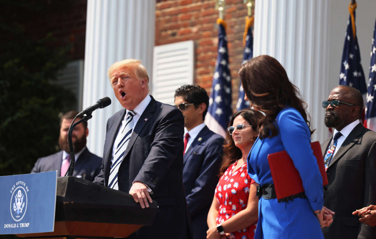 Former President Donald Trump speaks during a press conference announcing a class action lawsuit against big tech companies at the Trump National Golf Club Bedminster on July 7, 2021, in Bedminster, New Jersey.