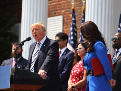 Former President Donald Trump speaks during a press conference announcing a class action lawsuit against big tech companies at the Trump National Golf Club Bedminster on July 7, 2021, in Bedminster, New Jersey.