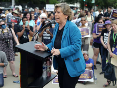 Randi Weingarten speaks to a crowd of protesters at a rally