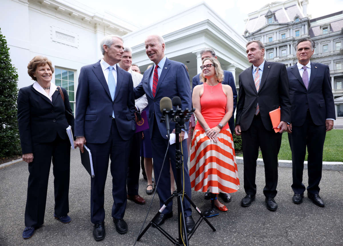 President Joe Biden speaks outside the White House with a bipartisan group of senators after meeting on an infrastructure deal on June 24, 2021, in Washington, D.C.