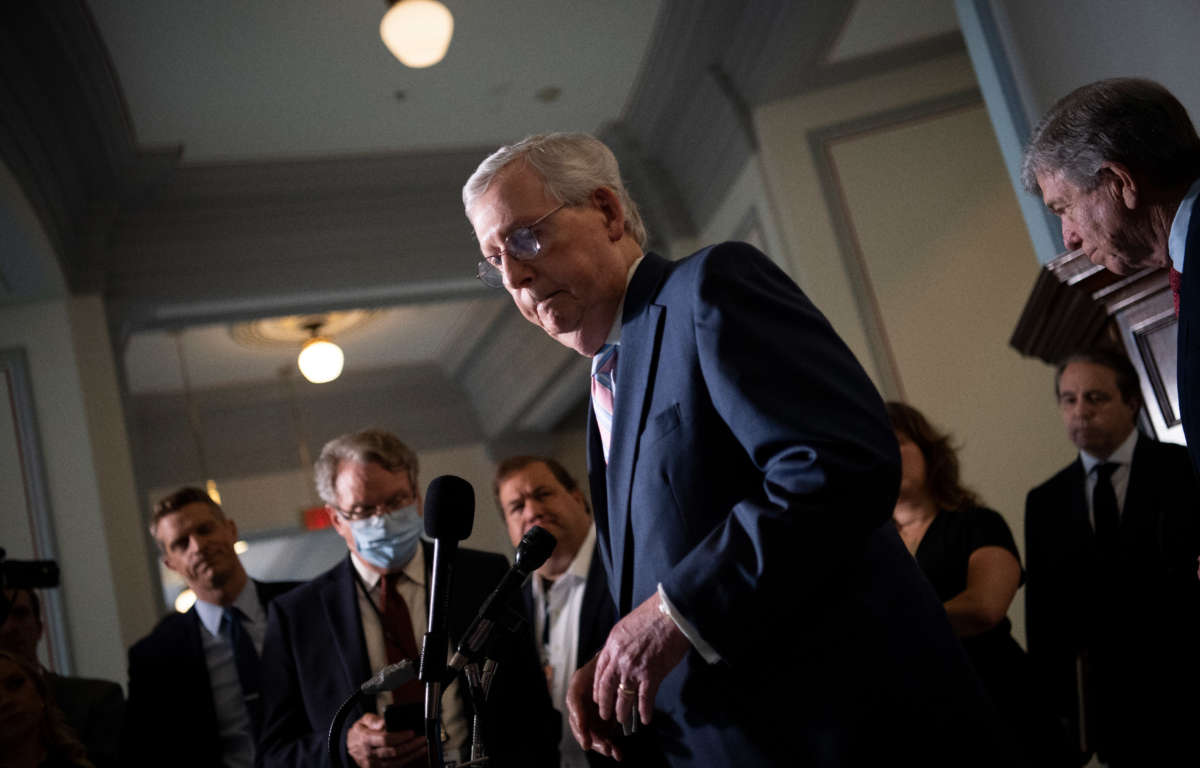 Senate Minority Leader Mitch McConnell conducts a news conference following the Senate Republican policy luncheon in Washington, D.C., on May 25, 2021.