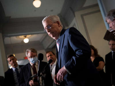 Senate Minority Leader Mitch McConnell conducts a news conference following the Senate Republican policy luncheon in Washington, D.C., on May 25, 2021.