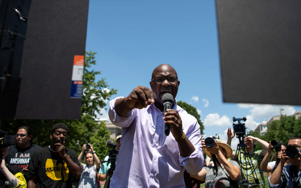 Rep. Jamaal Bowman speaks at a "No Climate, No Deal" rally in Lafayette Square in Washington, D.C., on June 28, 2021.