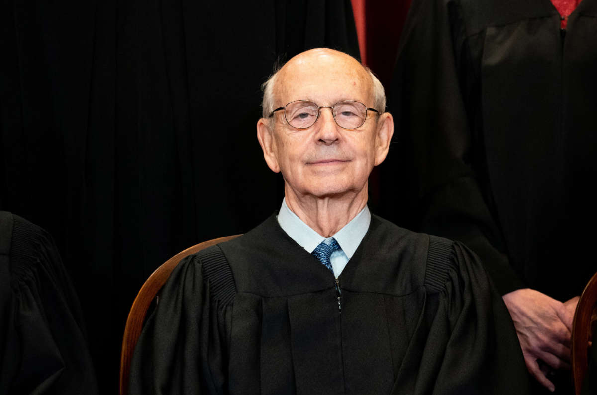 Associate Justice Stephen Breyer sits during a group photo of the Justices at the Supreme Court in Washington, D.C., on April 23, 2021.