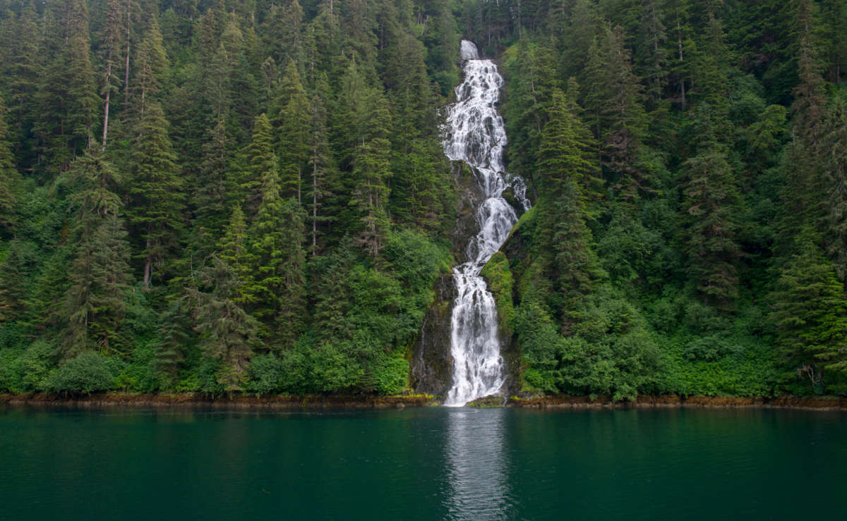 View of a waterfall in Red Bluff Bay on Baranof Island, Tongass National Forest, in Alaska.